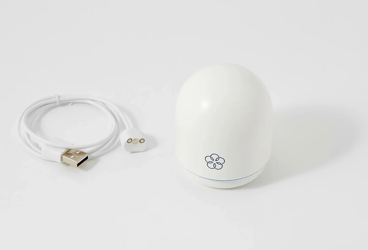 Vibrador clitoriano Iroha Temari em silicone de cor azul claro — vista com tampa e cabo usb