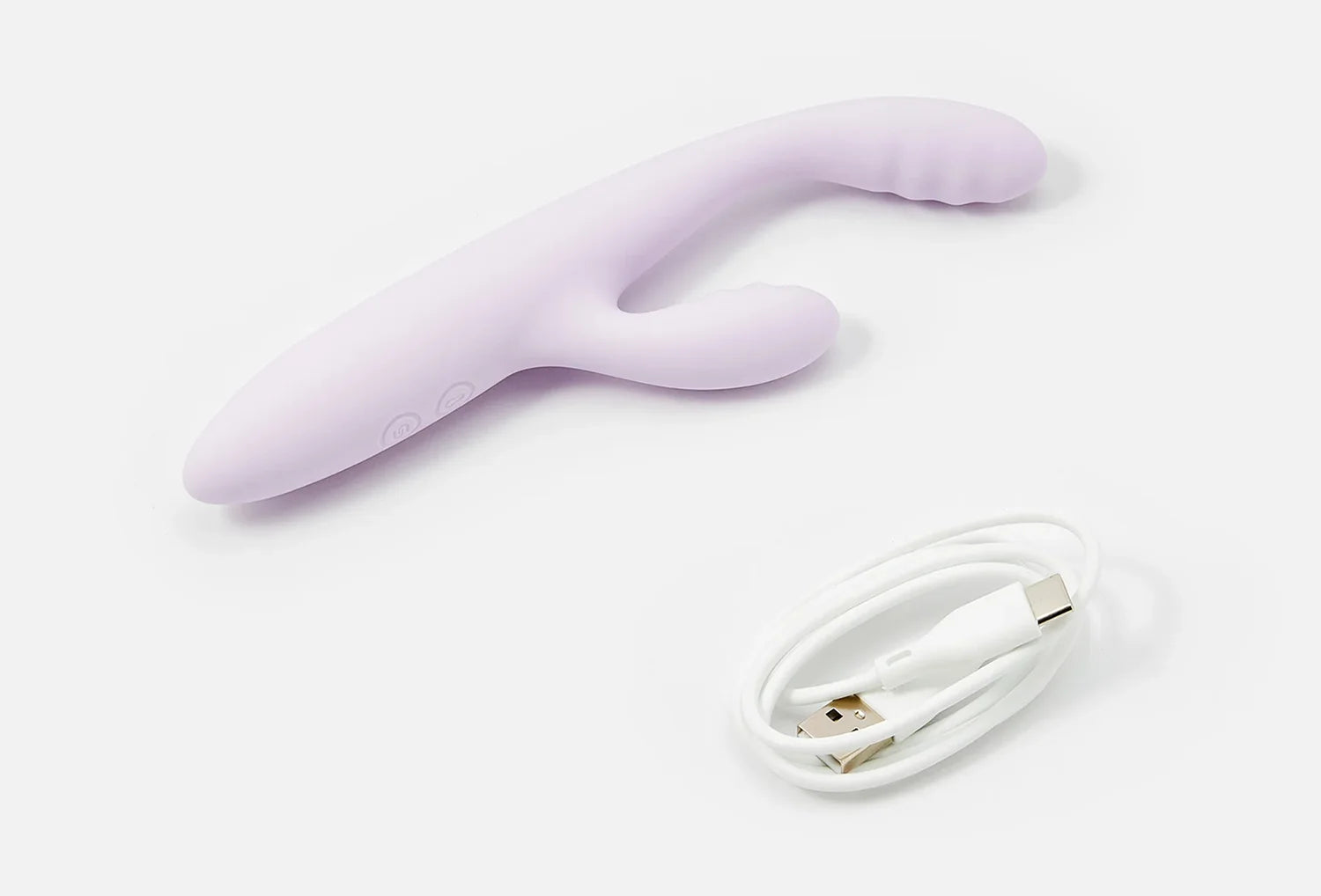 Vibrador duplo Svakom Cici Plus 2 em silicone de cor lavanda — vista de cima com cabo usb