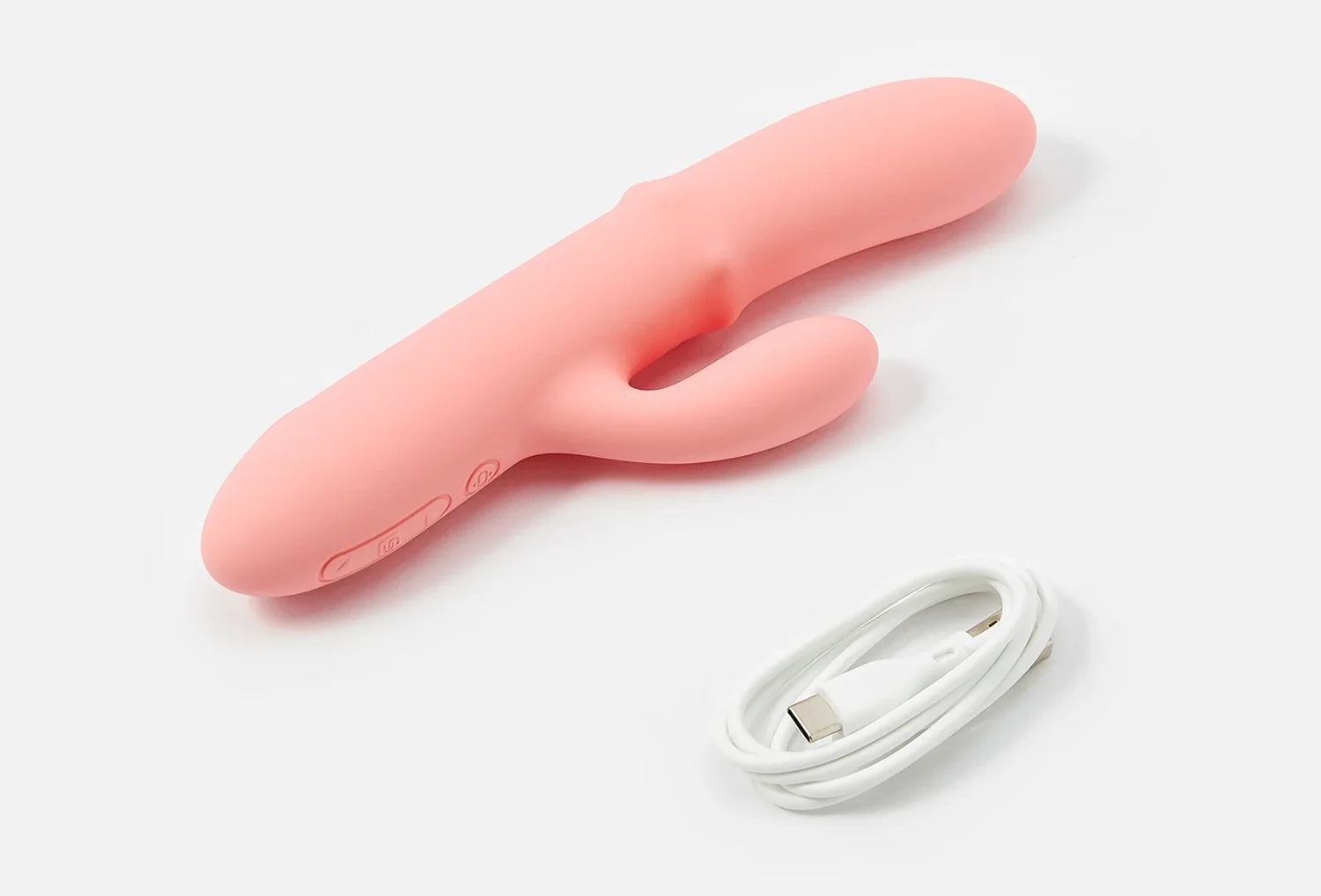Vibrador duplo Svakom Mora Neo em silicone de cor rosa velho — vista de cima com usb