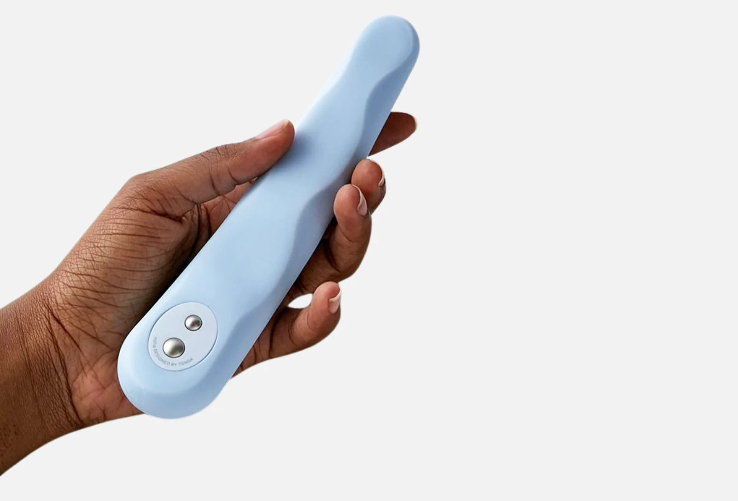 Vibrador de ponto g Iroha Minamo em silicone de cor azul claro — segurado na mão