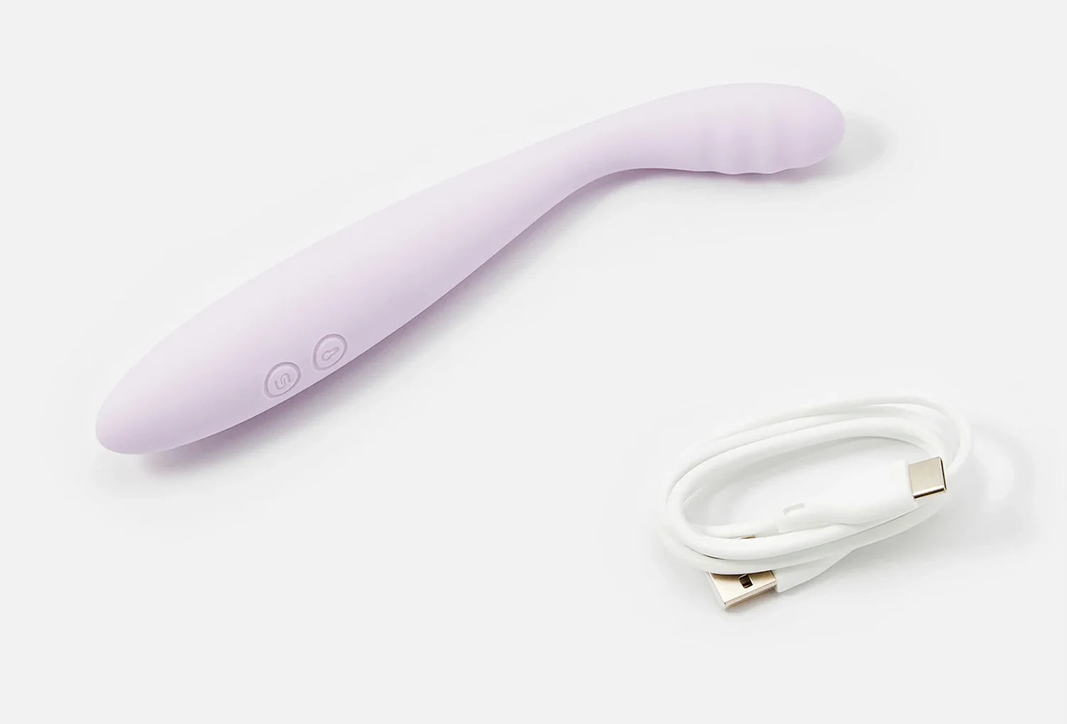 Vibrador para ponto G Svakom Cici 2 em silicone de cor lavanda — vista de cima com usb